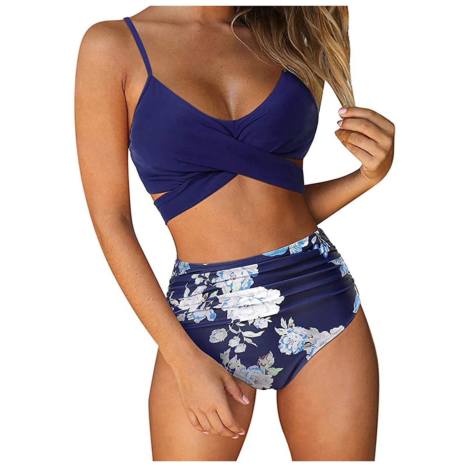 Sexy Criss Cross Top & Floral Print High Waisted Women's Bikini Swimsuit